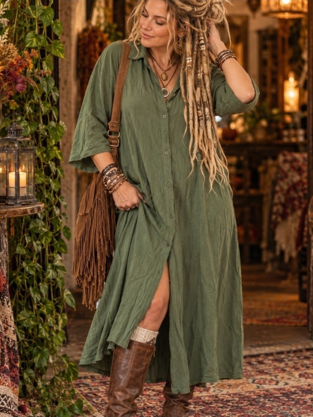 4/$15 Olive Green Utility Shirt Dress XL – Boho Cottagecore Safari Chic Modern